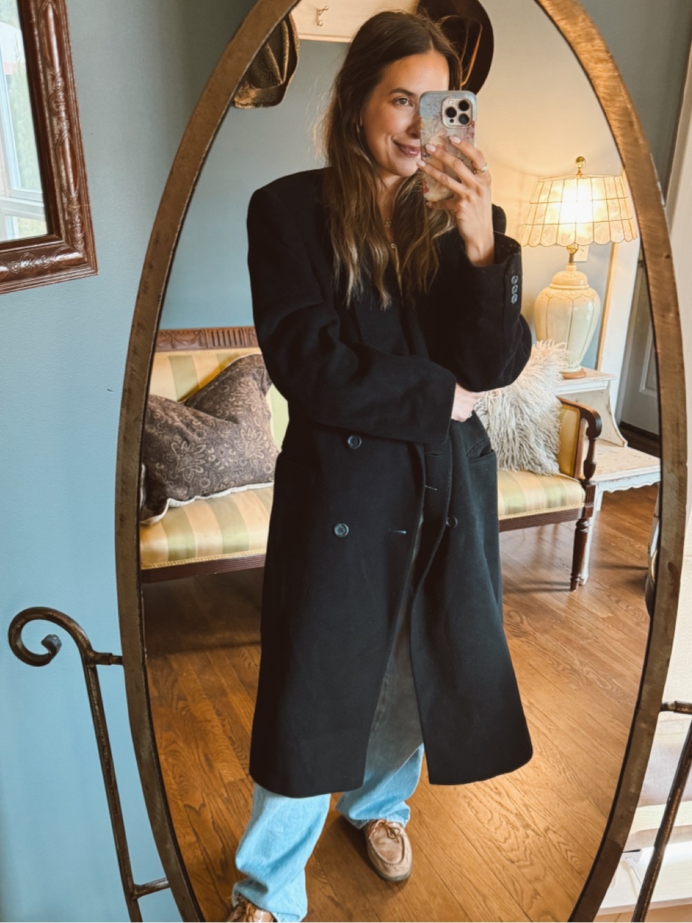 Double breasted Black Long cashmere blend woven in Italy coat sz L/ XL